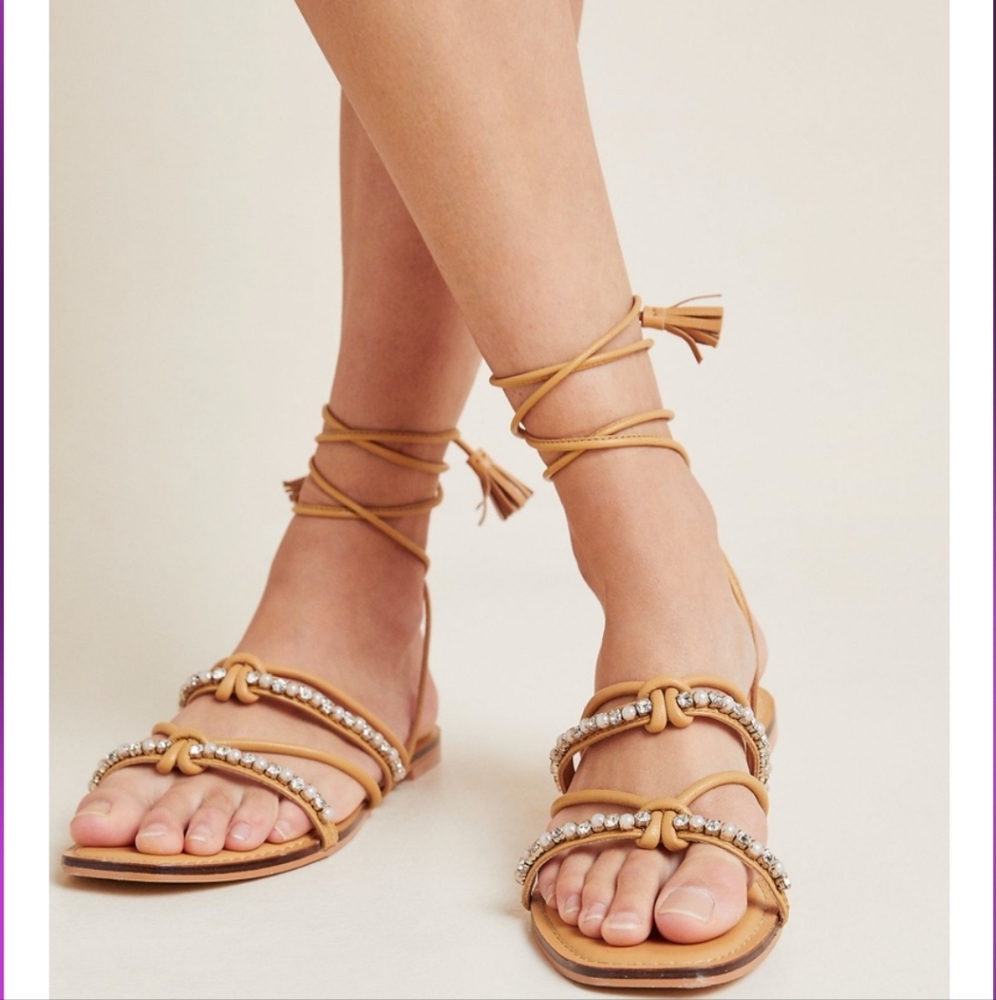 Anthropologie Ankle Tie Sandals - tan leather with glass/gem embellishments